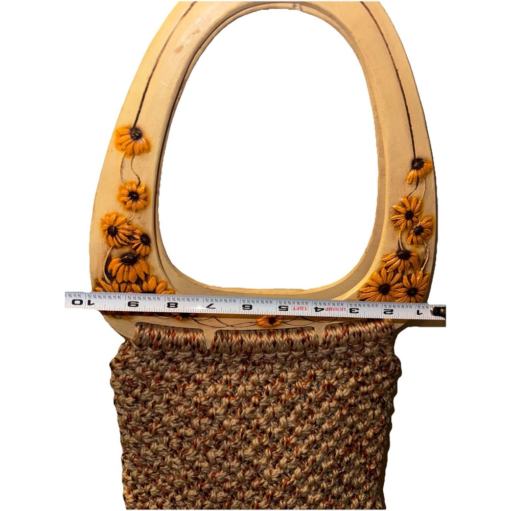 Vtg Handmade Macrame Wood Handle Carved Sunflowers Purse Boho 70's Style - Picture 10 of 12